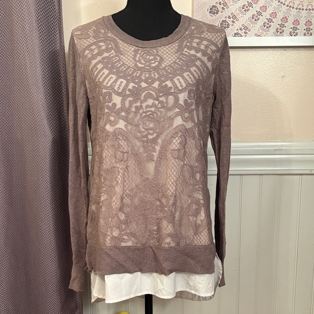Taupe Lace-Front Layered Hem Long Sleeve Top